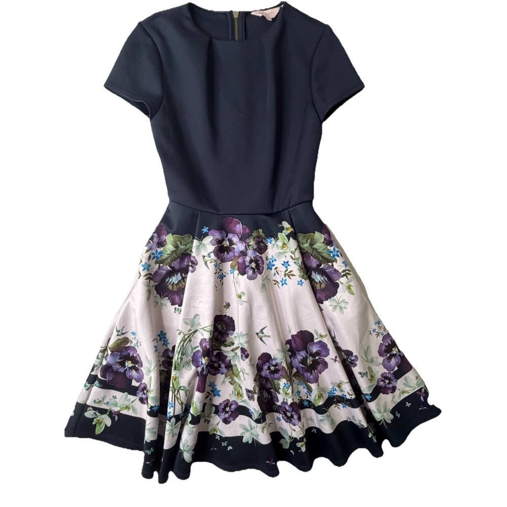 Ted Baker London Floral Fit & Flare Dress Womens Size 0 Navy Purple Midi